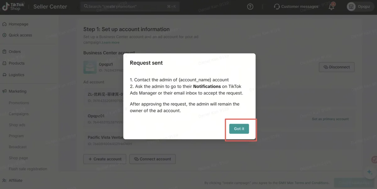 ป๊อปอัปยืนยันว่าคำขอถูกส่งไปยัง Advertiser account ID แล้ว