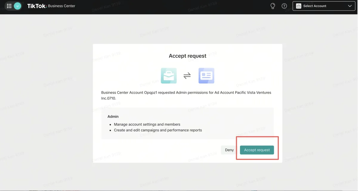 ป๊อปอัป Accept request ยืนยันสิทธิ์ Business Center Account เข้าถึง Ad account